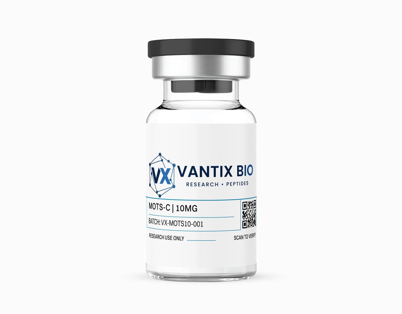 Vantix Bio MOTS-c 10mg vial with batch label and QR code